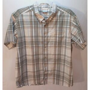 Men's Columbia Button Up Short Sleeve Shirt, XXL, Beige Plaid, Regular Fit